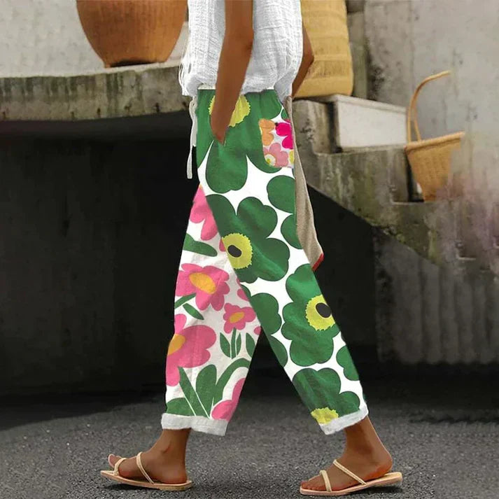 Comfortable women's floral print pants in green, yellow & blue. Perfect for stylish spring & summer casual outfits.