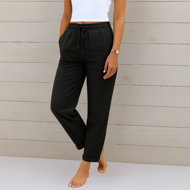 Soft, comfortable straight-leg women's pants with an adjustable drawstring waist for a relaxed fit.