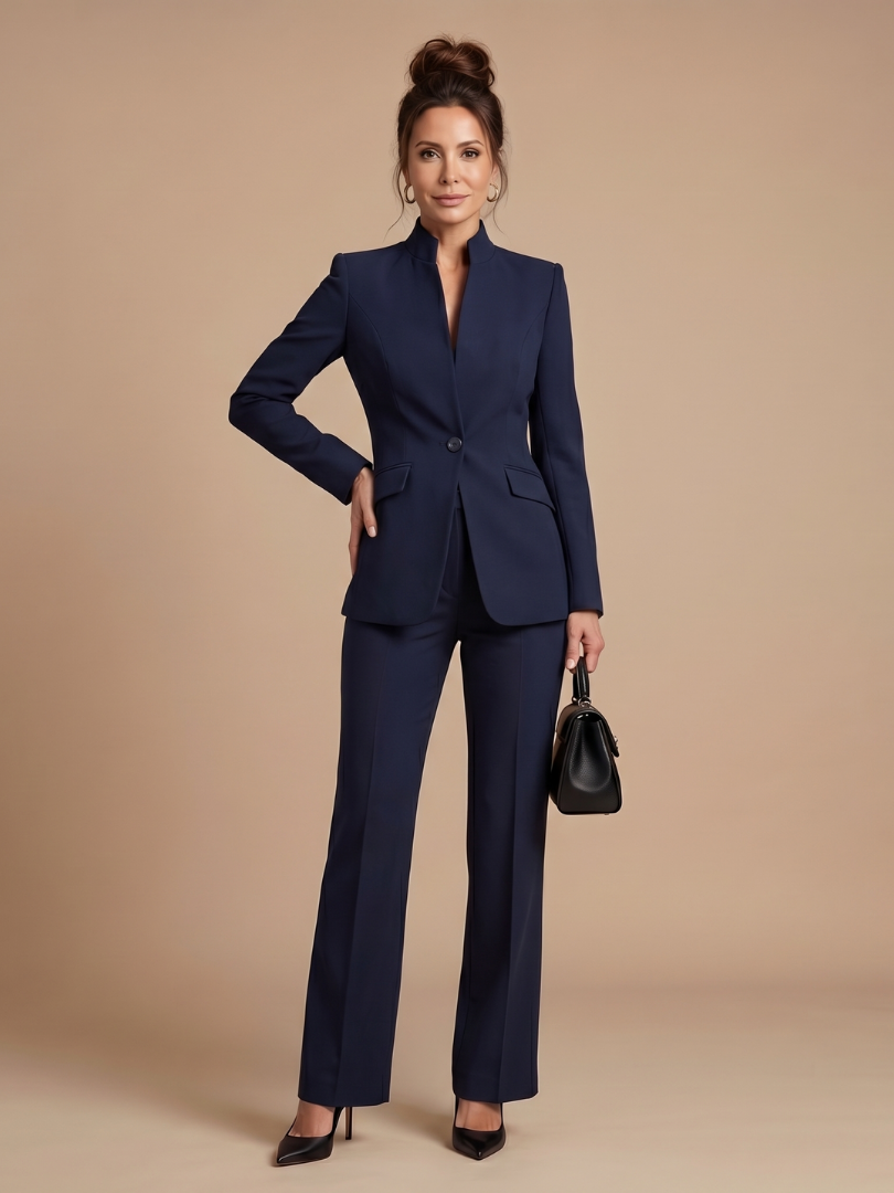 Business women's two-piece suit, stand collar jacket & modern flared trousers; perfect for office.