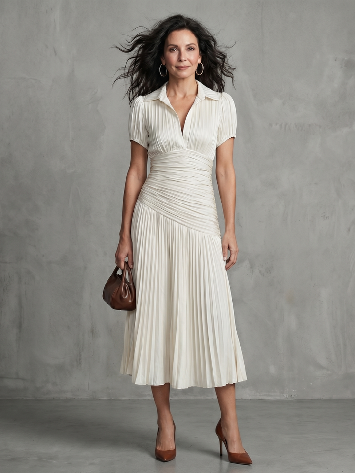 Sophisticated collared midi dress for women, striped, comfort fit, pleated.