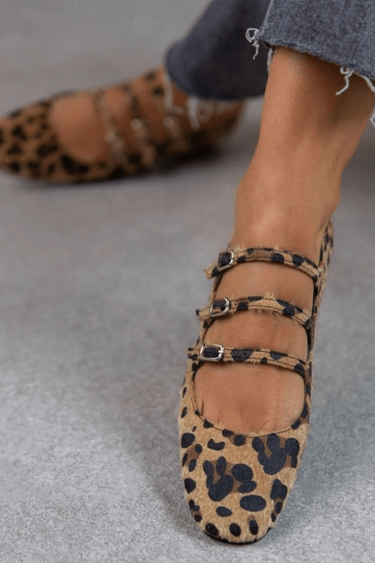 Women's comfortable animal print ballet flats with triple strap for stylish casual wear. Perfect fashion footwear.