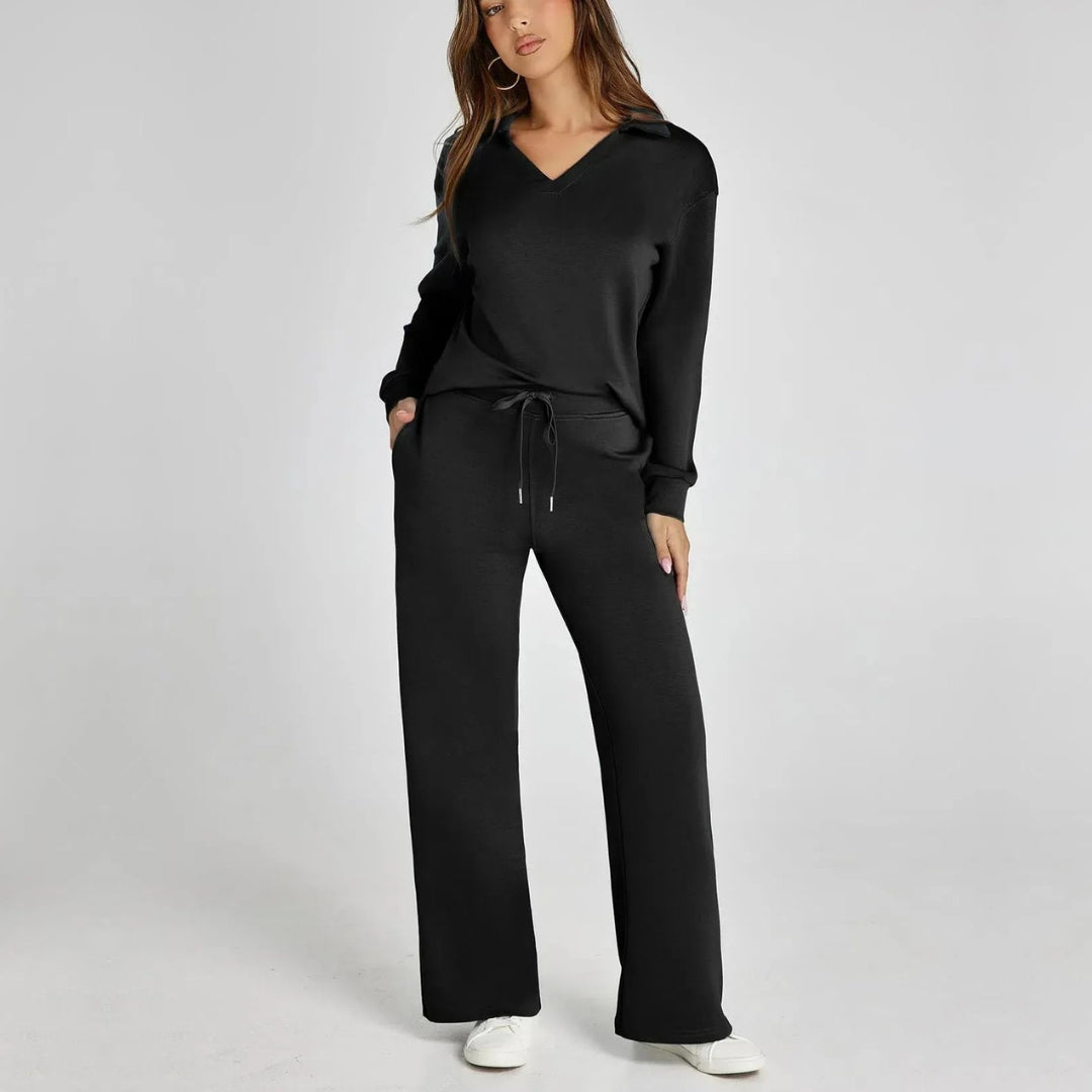 Casual women's V-neck long sleeve top and wide leg trousers set. Comfortable and fashionable loungewear.