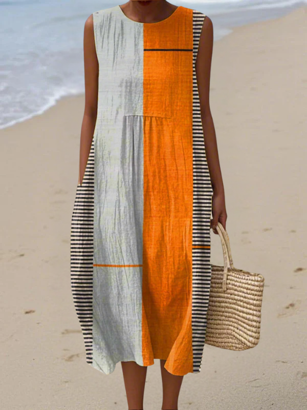 Women's chic colorblock midi dress, elegant & versatile. Perfect comfortable striped summer casual dress.