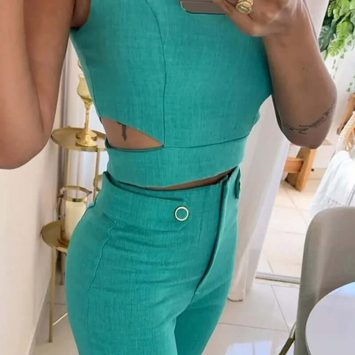 Women's Round Neck Top and Wide Leg Trouser Set