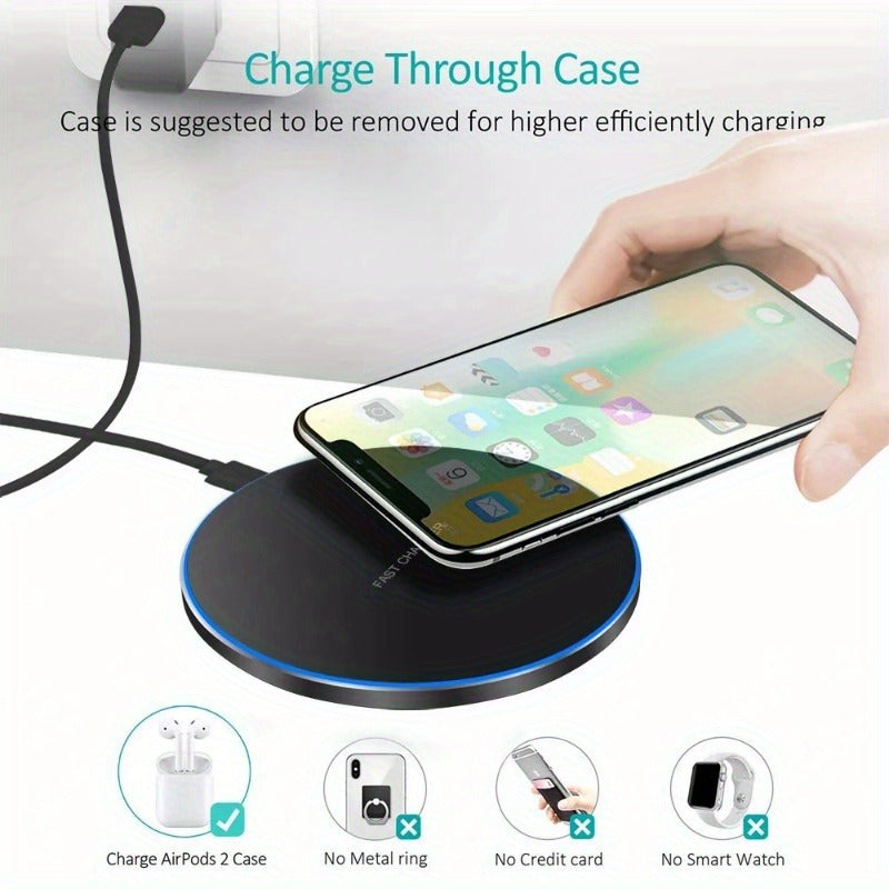 Android smartphone fast charging on a sleek black wireless pad. Efficient, cable-free power for your device.