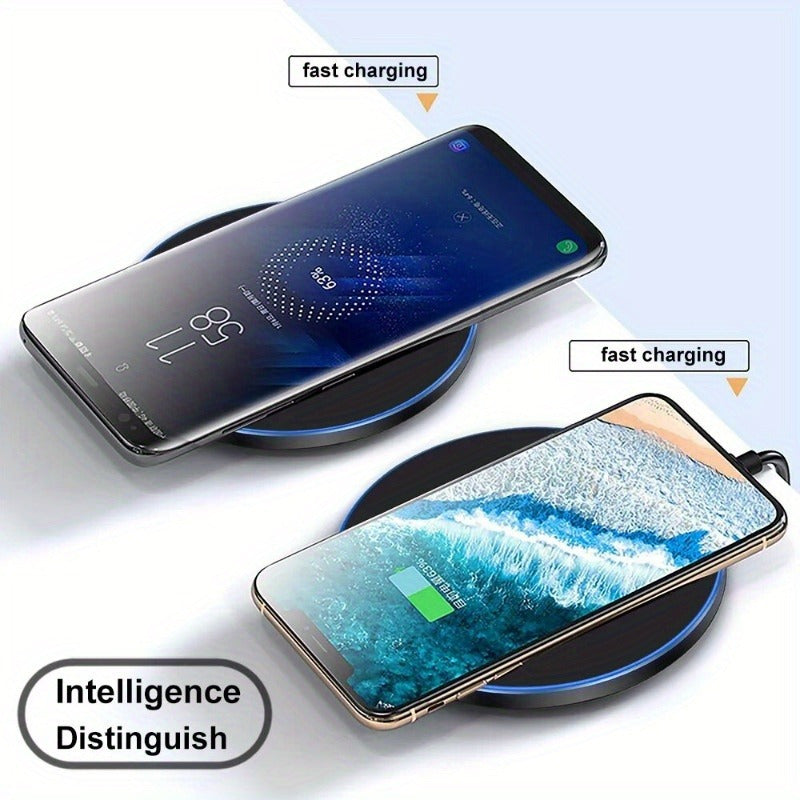 Close-up of a compact Fast Wireless Charger. Modern tech gadget provides rapid, cable-free power for smartphones.