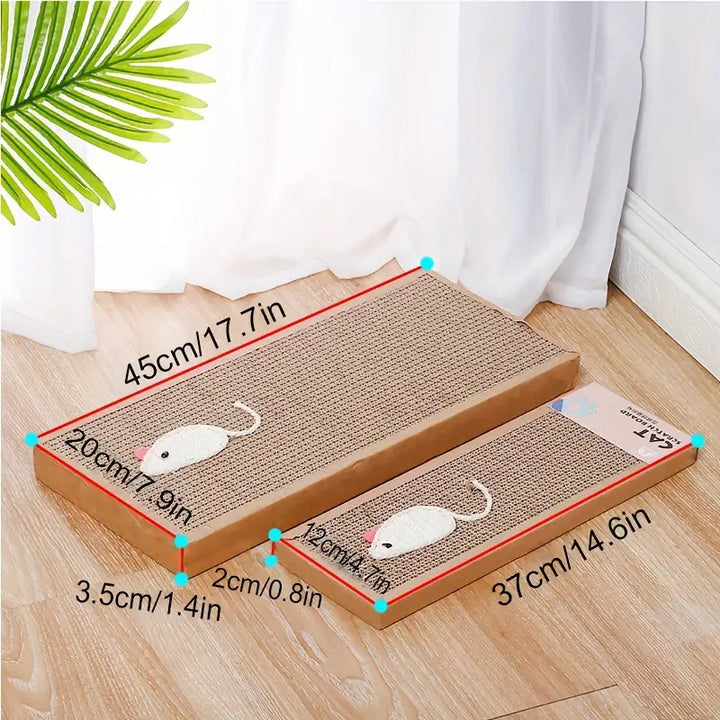 Cat scratching board and mat with a cute mouse design. A durable pet scratcher & fun toy made of cardboard.