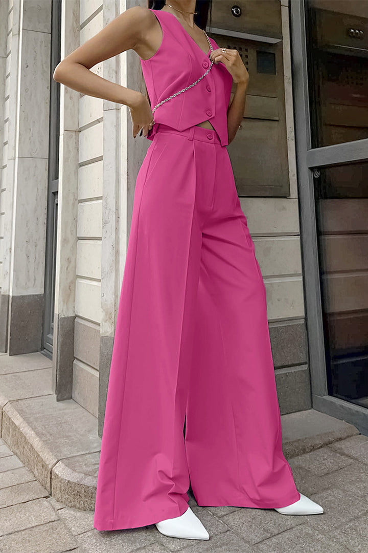 Stylish women's two-piece set with a tailored waistcoat and comfortable high-waist wide leg pants.