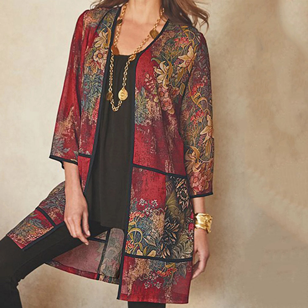 Classy women's long sleeve sun blouse with vibrant print. UV proof shirt for stylish outdoor protection.