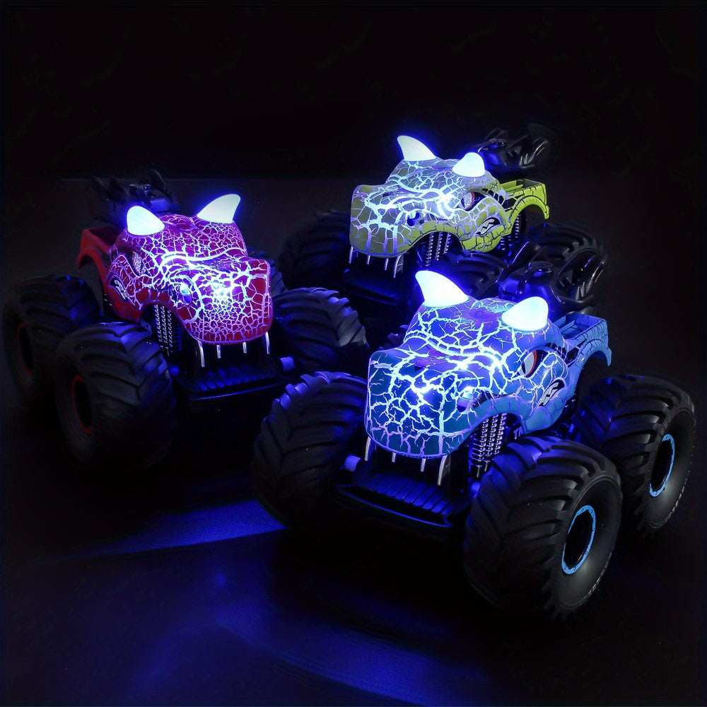 Remote control DinoBlaze monster truck with smoke, dazzling LED lights, and big tires for thrilling off-road stunts.