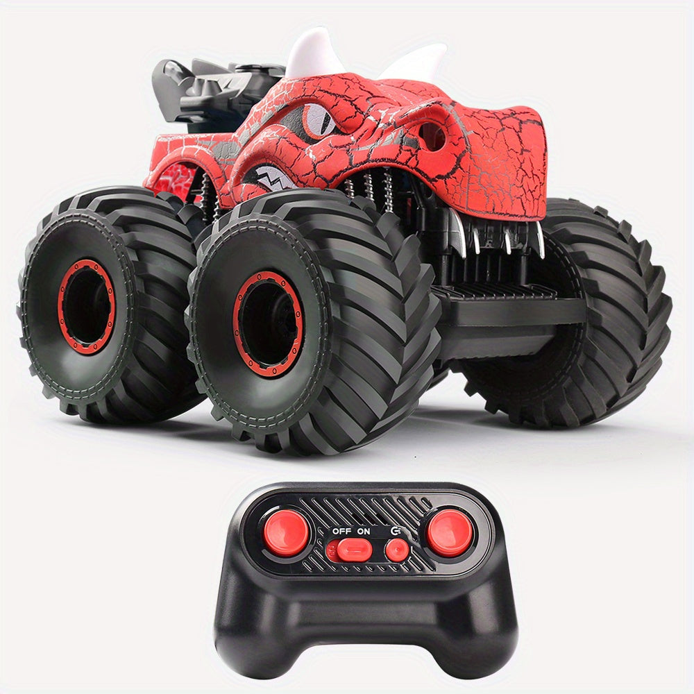 Kids' DinoBlaze RC Stunt Monster Truck with smoke, LED lights & dinosaur design. Perfect for off-road stunts.