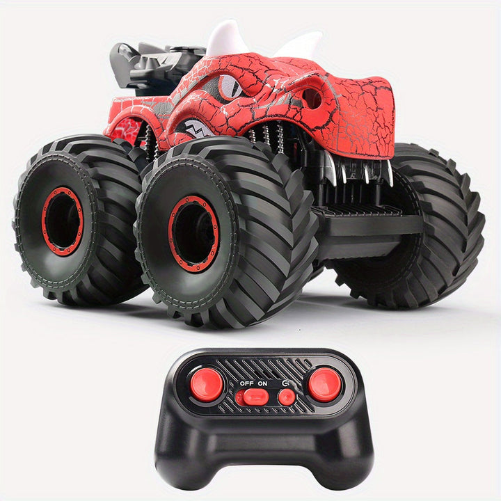 Kids' DinoBlaze RC Stunt Monster Truck with smoke, LED lights & dinosaur design. Perfect for off-road stunts.