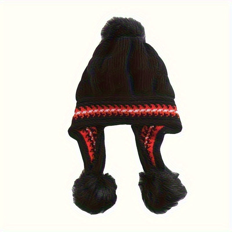 Cute & warm kids' winter hat with ear flaps & pom-poms; perfect for playing, skiing, or everyday chilly weather.