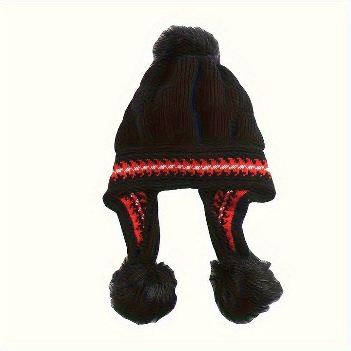 Cute & warm kids' winter hat with ear flaps & pom-poms; perfect for playing, skiing, or everyday chilly weather.