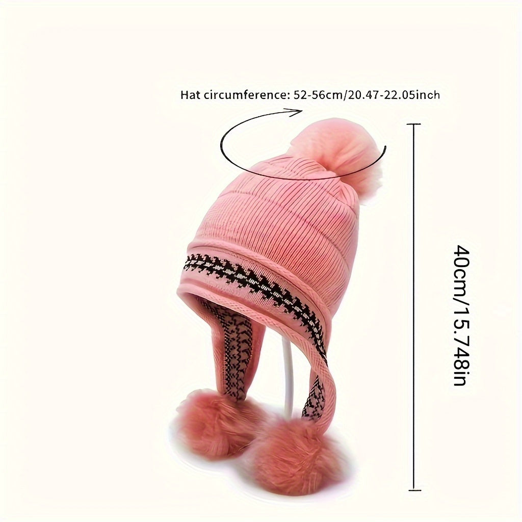 Cozy children's knit winter hat with full ear coverage, braided tassels, and playful pom-poms for ultimate warmth.