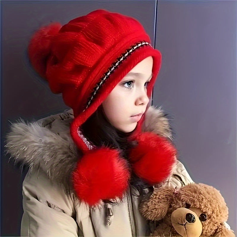 Girls' 'Little Princess' style winter knit hat, complete with cozy ear flaps, braided ties, and fluffy pom-poms.