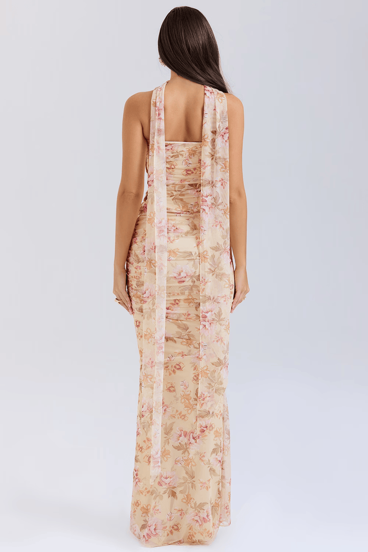 Structured women's mesh corset midi dress, an elegant evening party fashion statement.