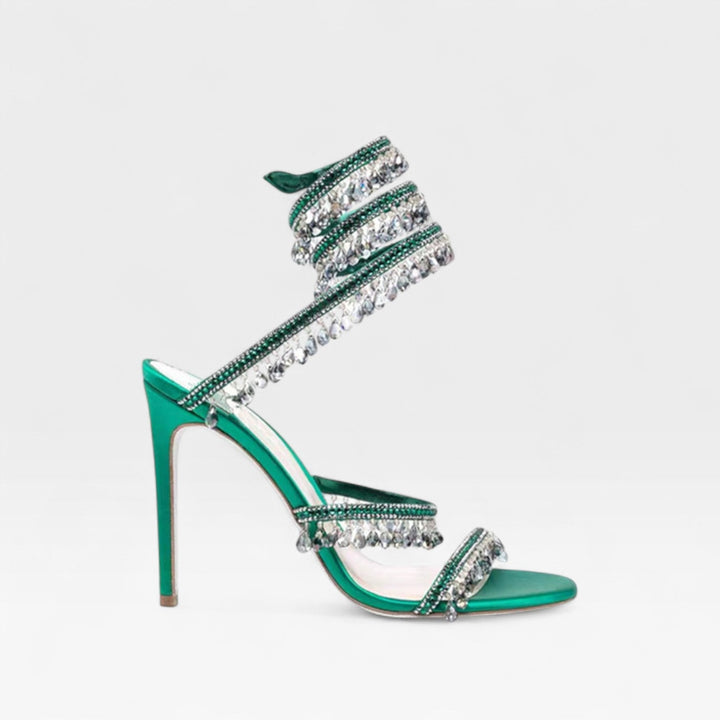 Women's elegant crystal strappy high heels, perfect for parties & wedding guests.