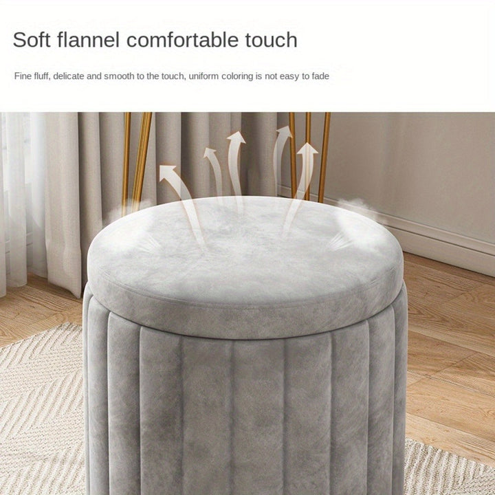Nordic chic round storage ottoman, mirrored finish, comfortable seating.