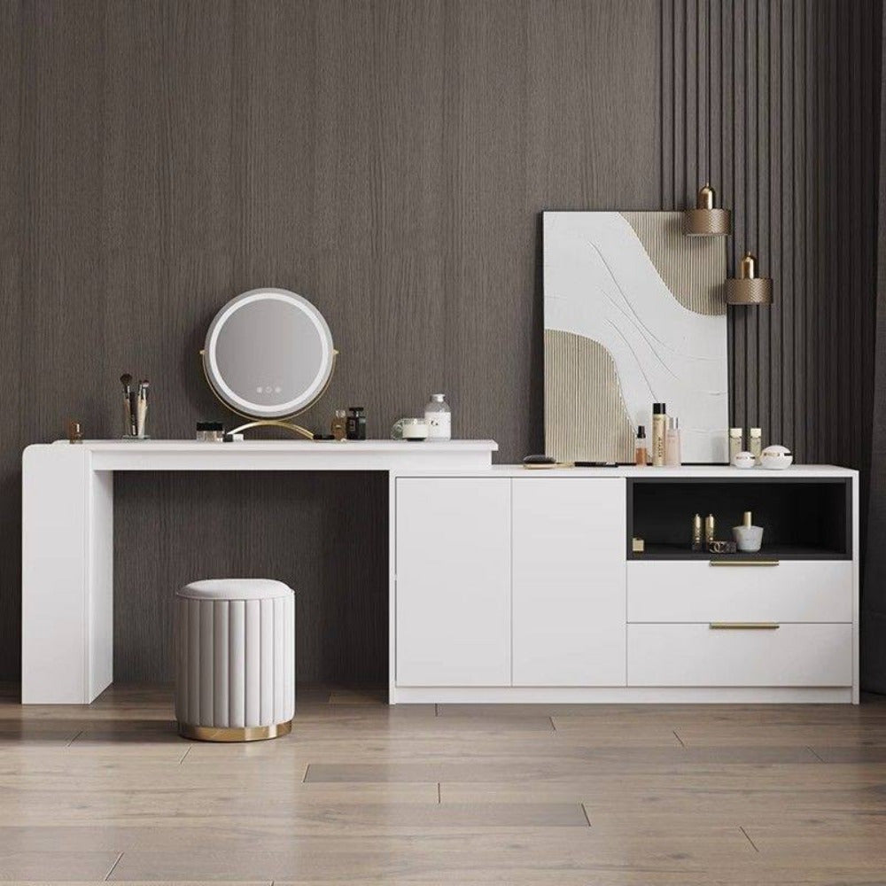 Round storage ottoman with mirror finish, perfect for modern living rooms.
