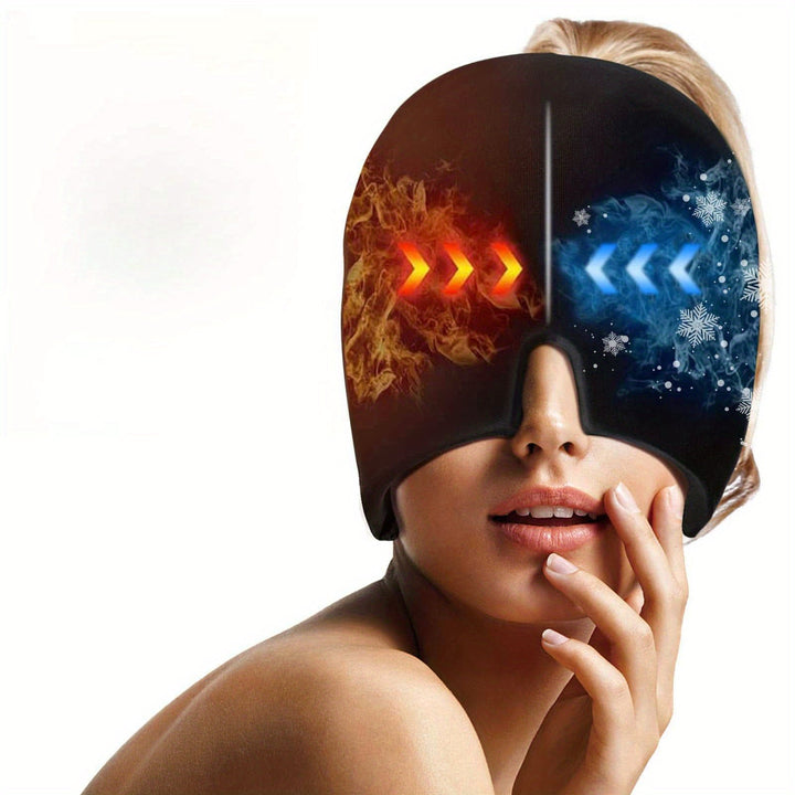 Flexible cooling migraine hat designed for comfortable, hands-free relief from head pain & fatigue.