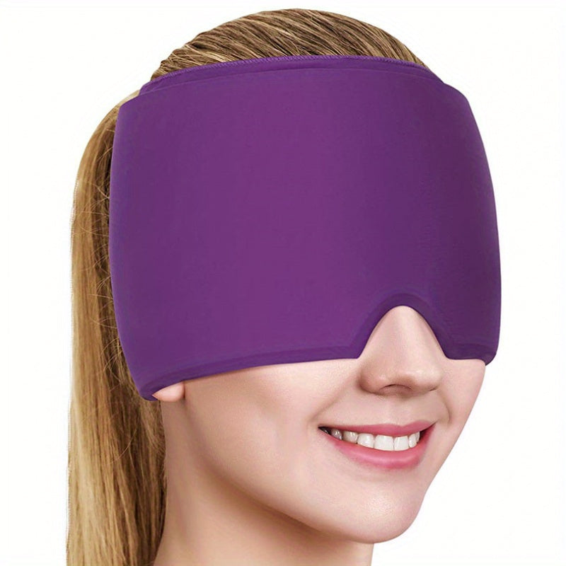Blue cooling gel headband for instant migraine relief, reducing headache and fever discomfort.