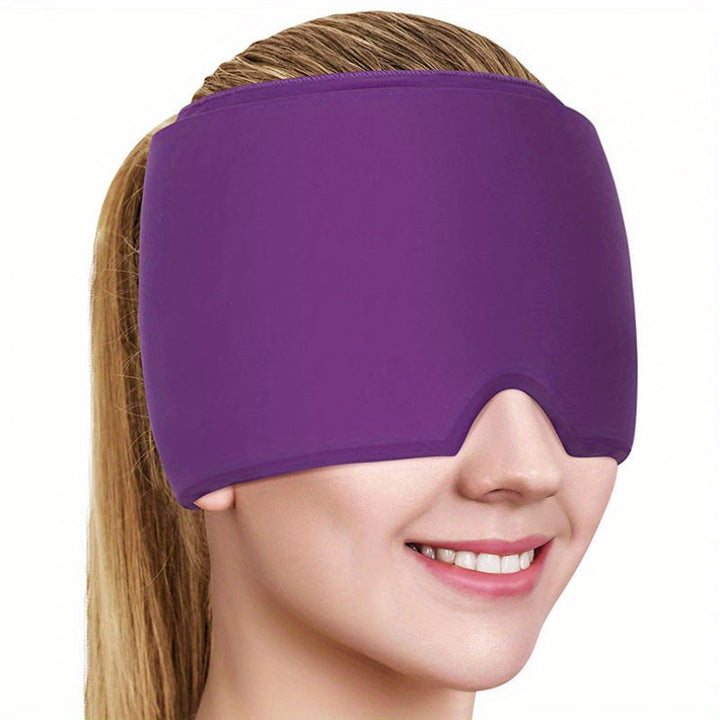 Blue cooling gel headband for instant migraine relief, reducing headache and fever discomfort.