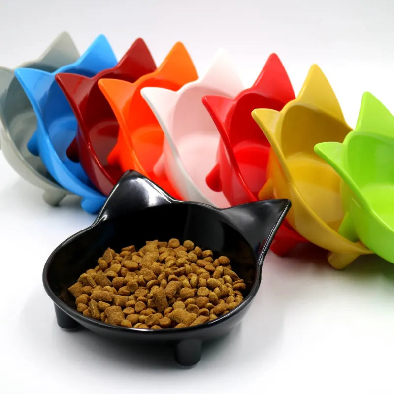 Cute cat ear design pet food bowl. Durable, easy-clean dish for cats & small dogs. Unisex pet feeder accessory.