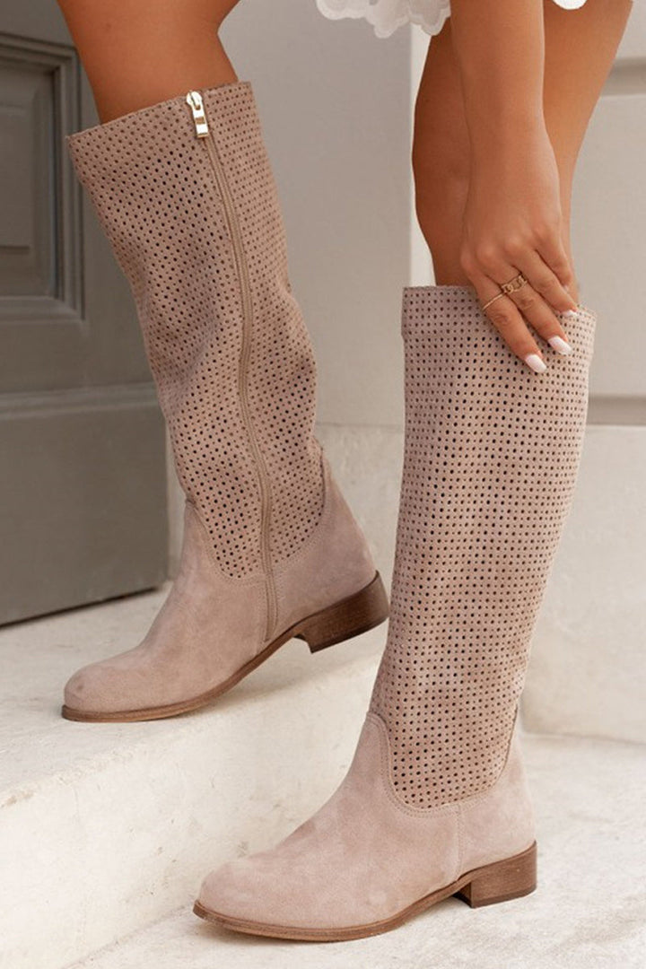 Stylish Amarae high shaft zipper boots for women, offering versatile elegance in a chic beige tone for any outfit.