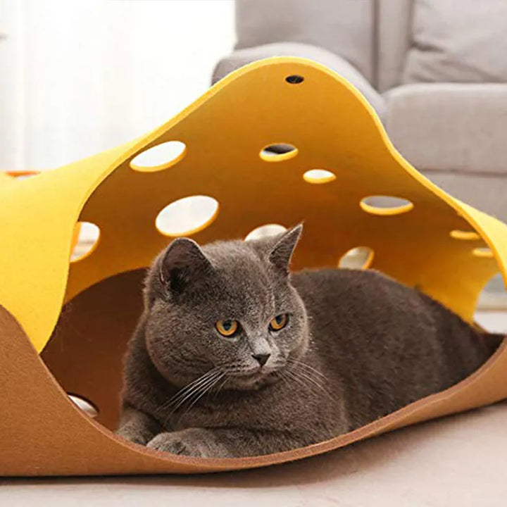 Happy cat playing in a durable felt cat tunnel, enhancing pet play & mental stimulation.