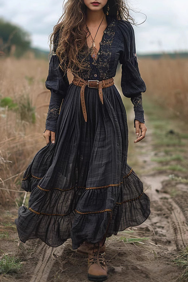 Women's casual floral embroidered frayed V-neck A-line maxi dress with long sleeves and patchwork detail.