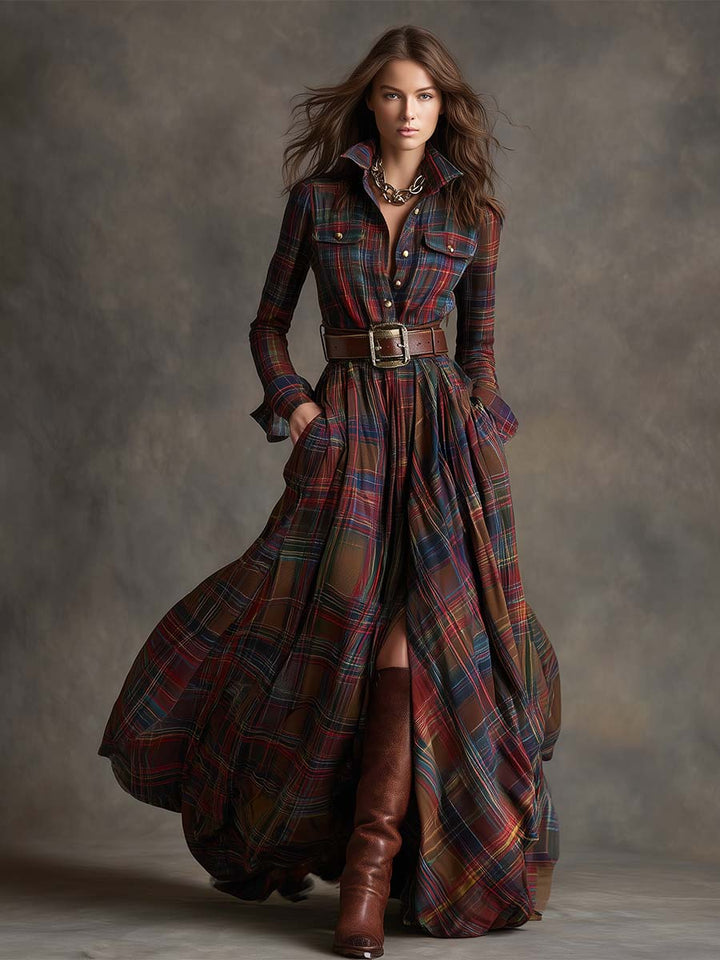 Model wearing a women's casual plaid belted shirt dress with pockets for fall fashion.