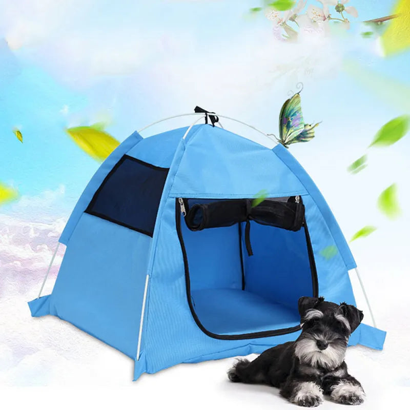 Foldable waterproof pet tent for dogs & cats. Breathable, portable outdoor pet house & bed.
