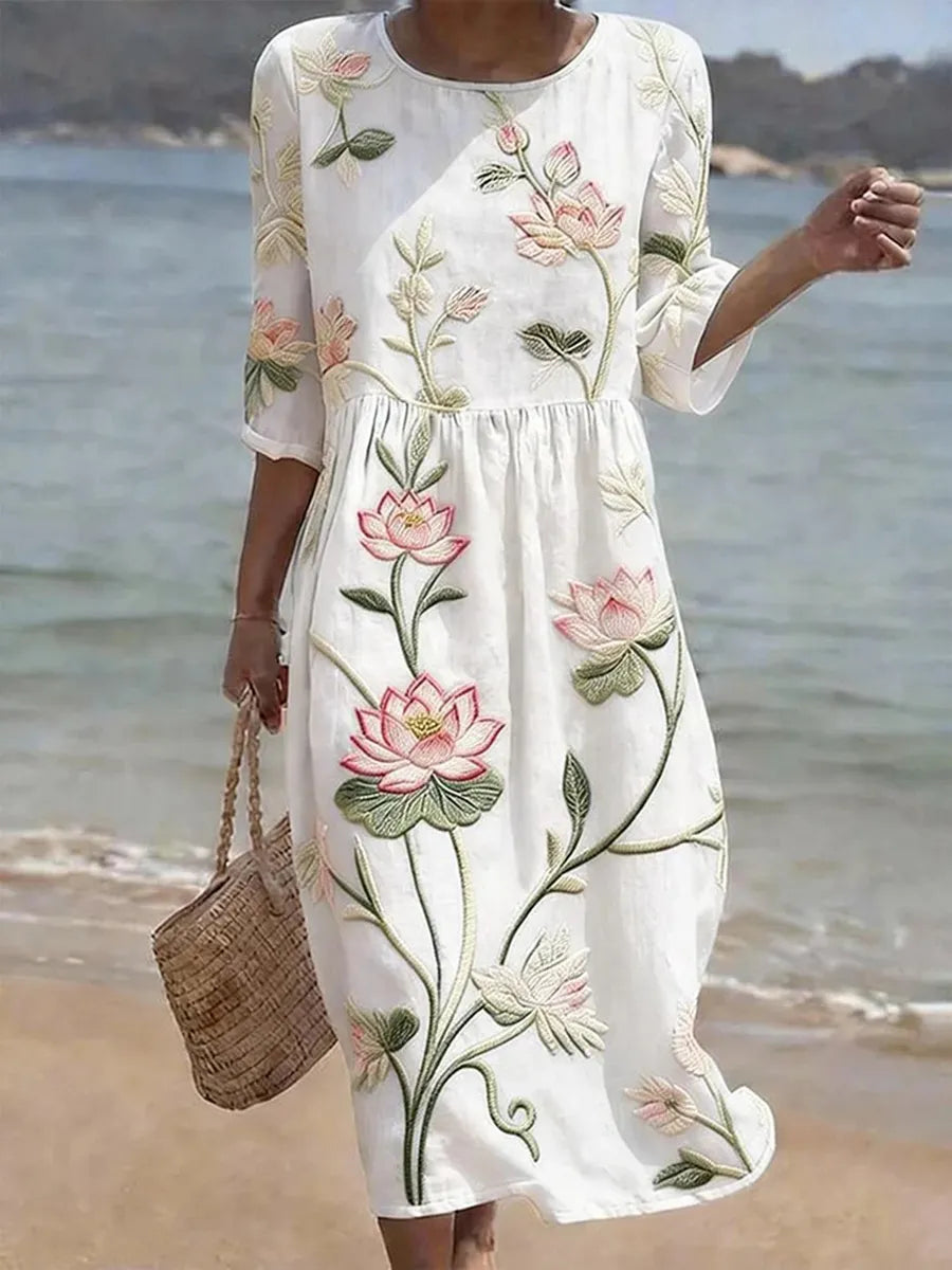 Women's elegant floral print dress, perfect for summer casual outings or elegant party wear. Flowing & comfortable.