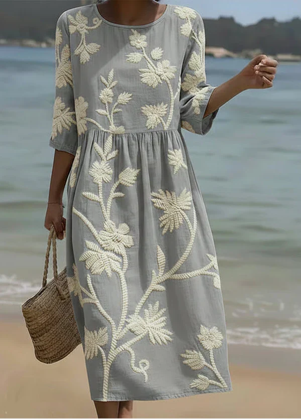 Elegant women's floral print midi dress, perfect for spring & summer, casual daywear or vacation fashion.