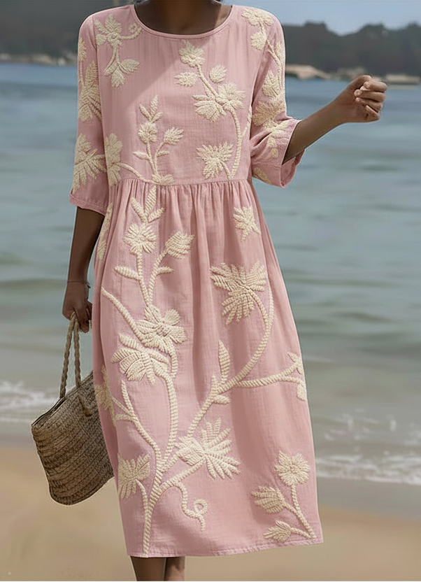 Elegant Women's Floral Midi Dress with a sophisticated plant print, perfect for summer, spring, or vacation wear.