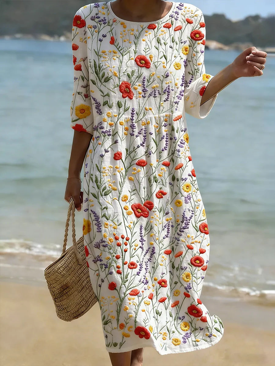 Women's elegant floral print round neck maxi dress for summer. Comfortable casual day dress, perfect for vacation.