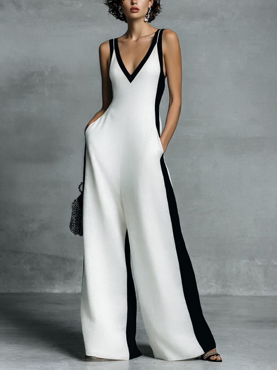 Stylish women's wide-leg jumpsuit in black & white color-block. Perfect elegant sleeveless evening wear.