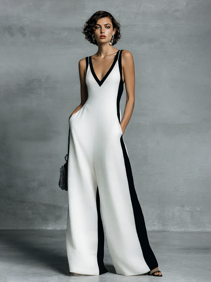 Sophisticated women's black and white color-block wide-leg jumpsuit, featuring a flattering V-neck.