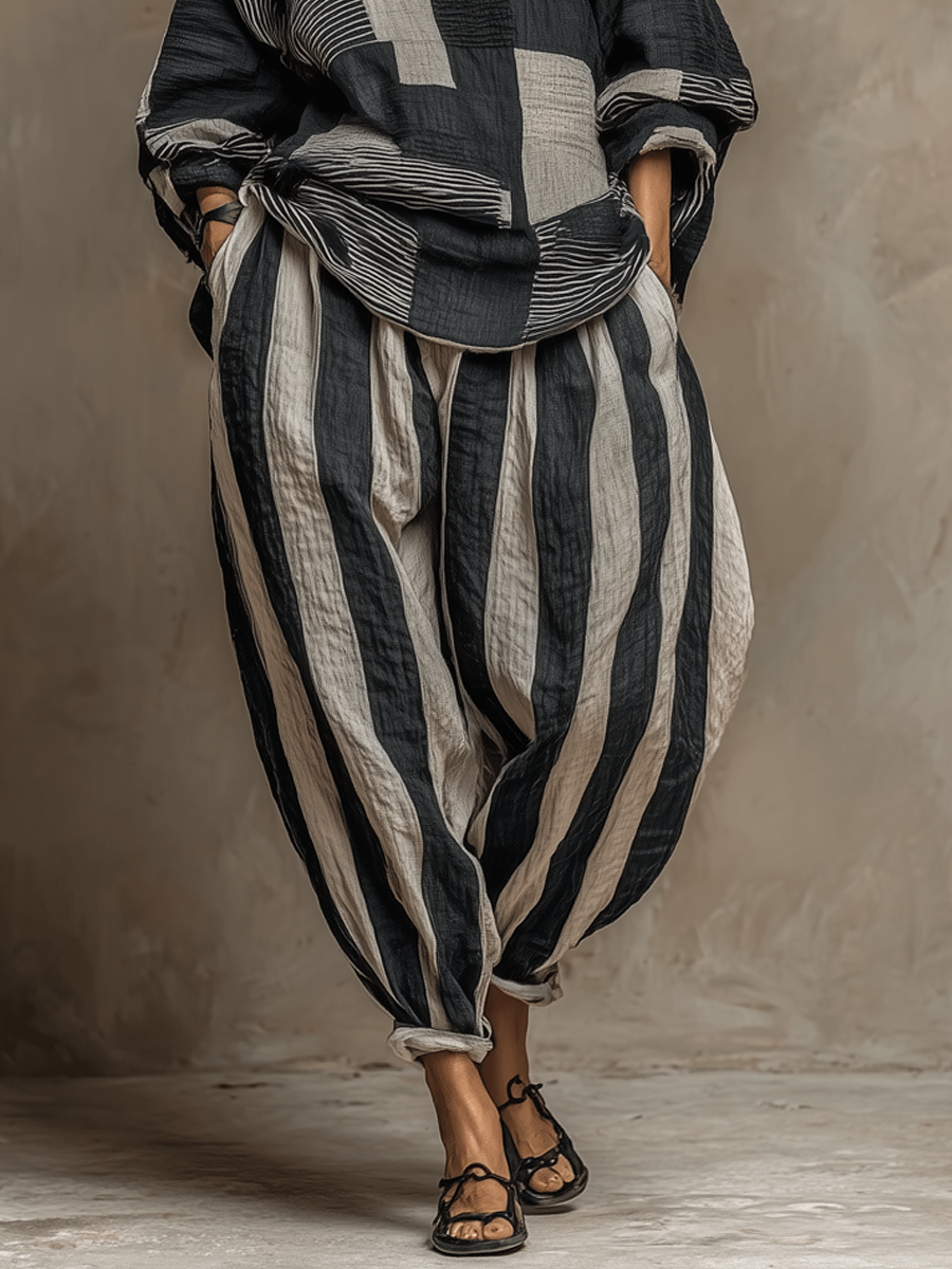 Trendy women's wide-leg trouser set with a fashionable colour-block top, designed for stylish casual wear.
