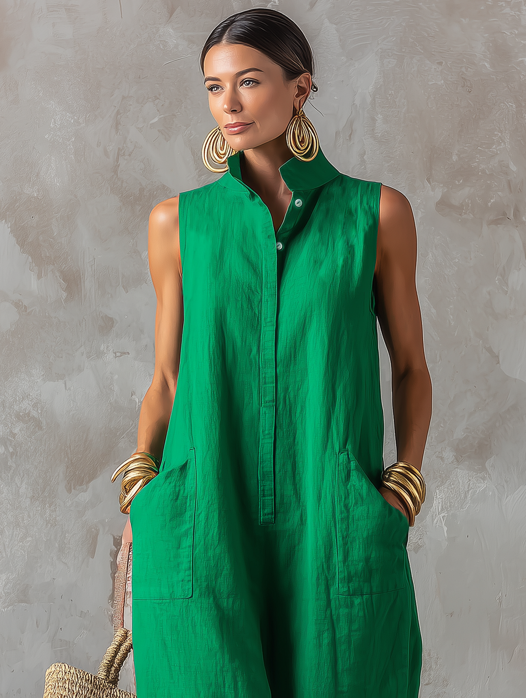 Stylish women's modern sleeveless jumpsuit, versatile one-piece for elegant summer events or comfortable travel.