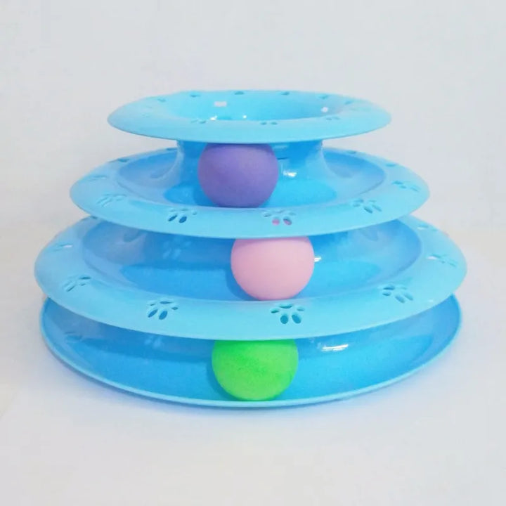 Interactive cat play pyramid with rolling colorful balls; a fun 3-tier activity tower for feline playtime.