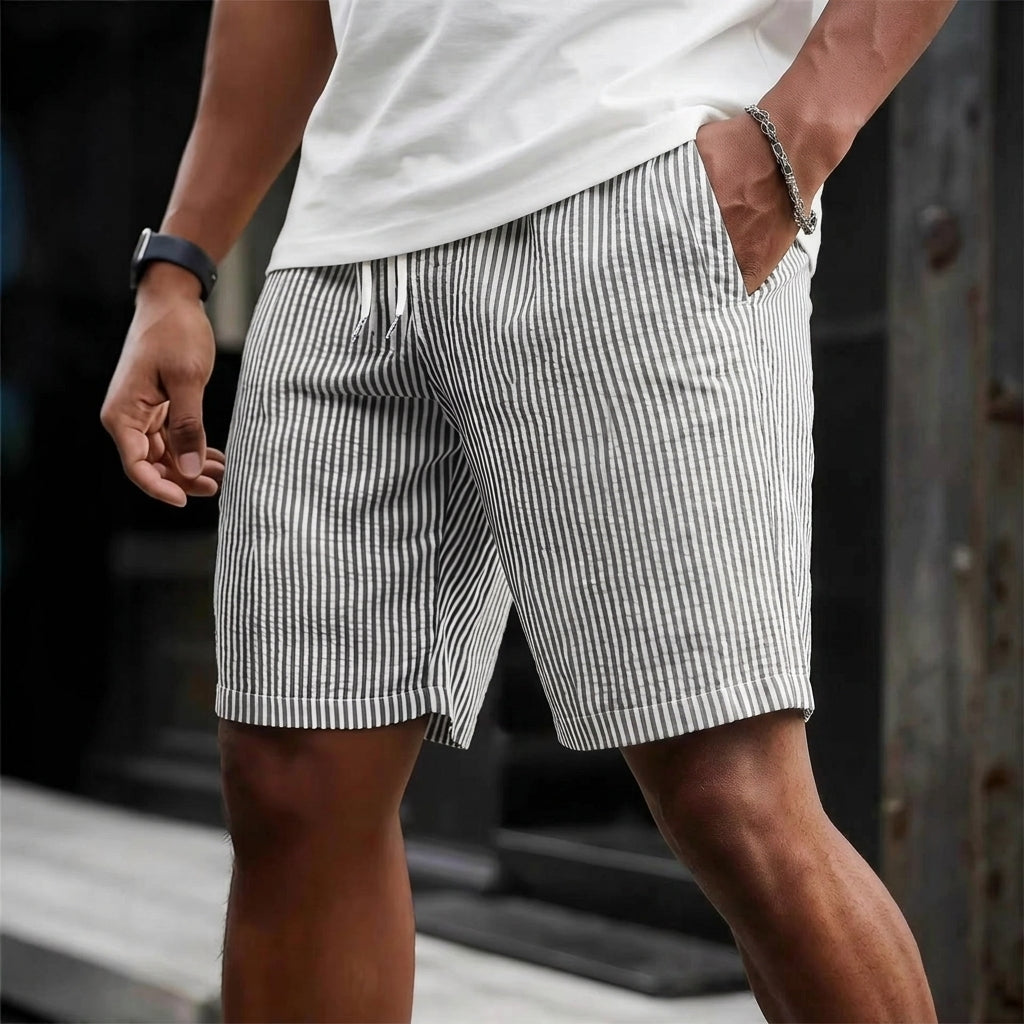 Men's striped shorts with drawstring waist. Casual, comfortable summer wear for a relaxed fit.