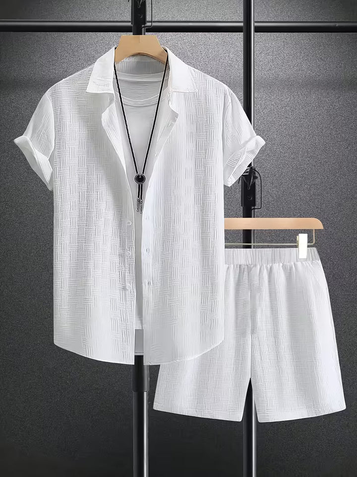 Effortless men's summer co-ord set with short sleeve button shirt & comfortable shorts for beach & casual wear.