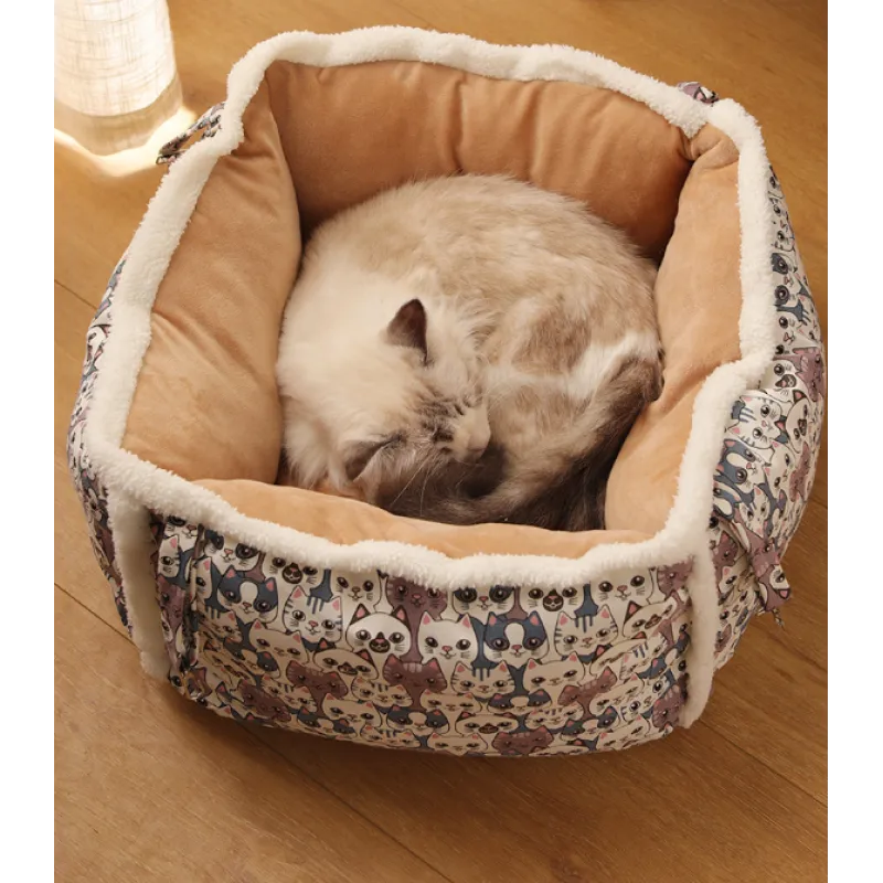 Cute patterned cat bed, a soft sleeping basket accessory for ultimate feline sleep comfort.