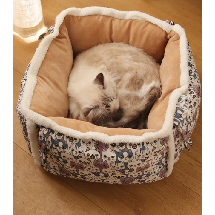 Cute patterned cat bed, a soft sleeping basket accessory for ultimate feline sleep comfort.
