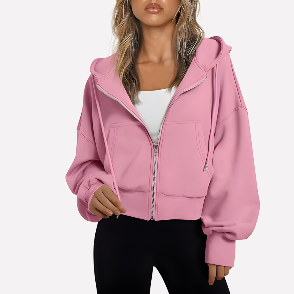 Chic women's cropped zip-up hoodie, modern and relaxed for ultimate comfort.