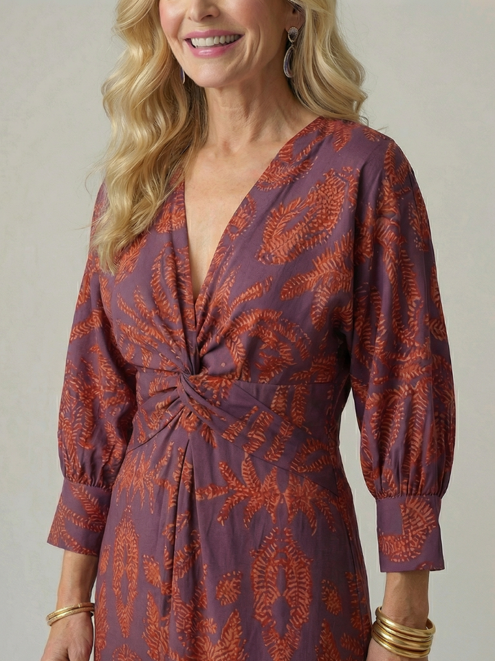 Women's natural long sleeve midi wrap dress, comfortable everyday apparel, elegant style.