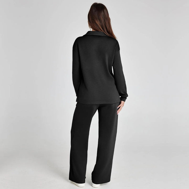 Relaxed women's V-neck set with long sleeve top & wide leg trousers. Cozy and stylish two-piece.