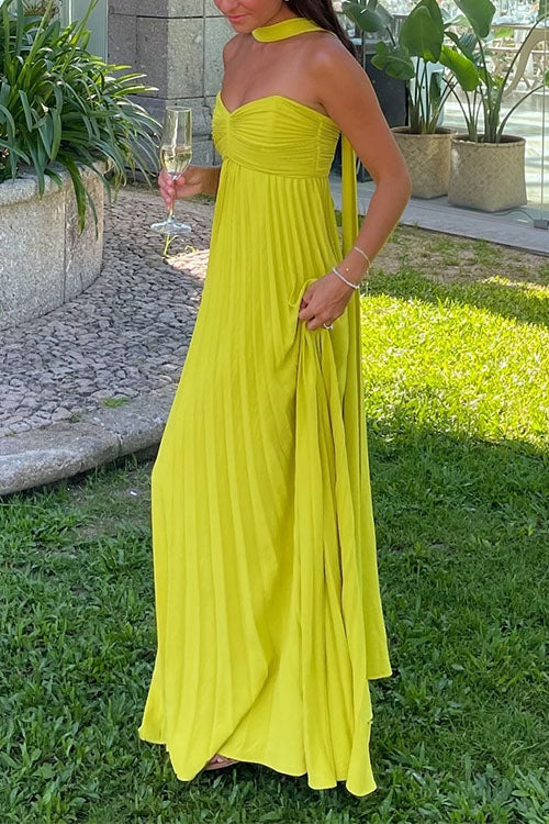 Women's elegant off-shoulder yellow maxi dress with intricate lacing detail and beautiful flowing pleats for summer.